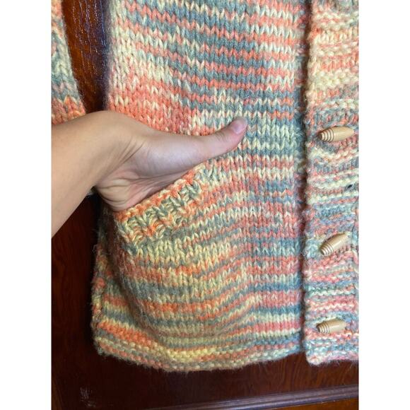 Homemade Toggle Salmon Yellow Gray Knit Long Stretchy Sweater Medium - Picture 4 of 5